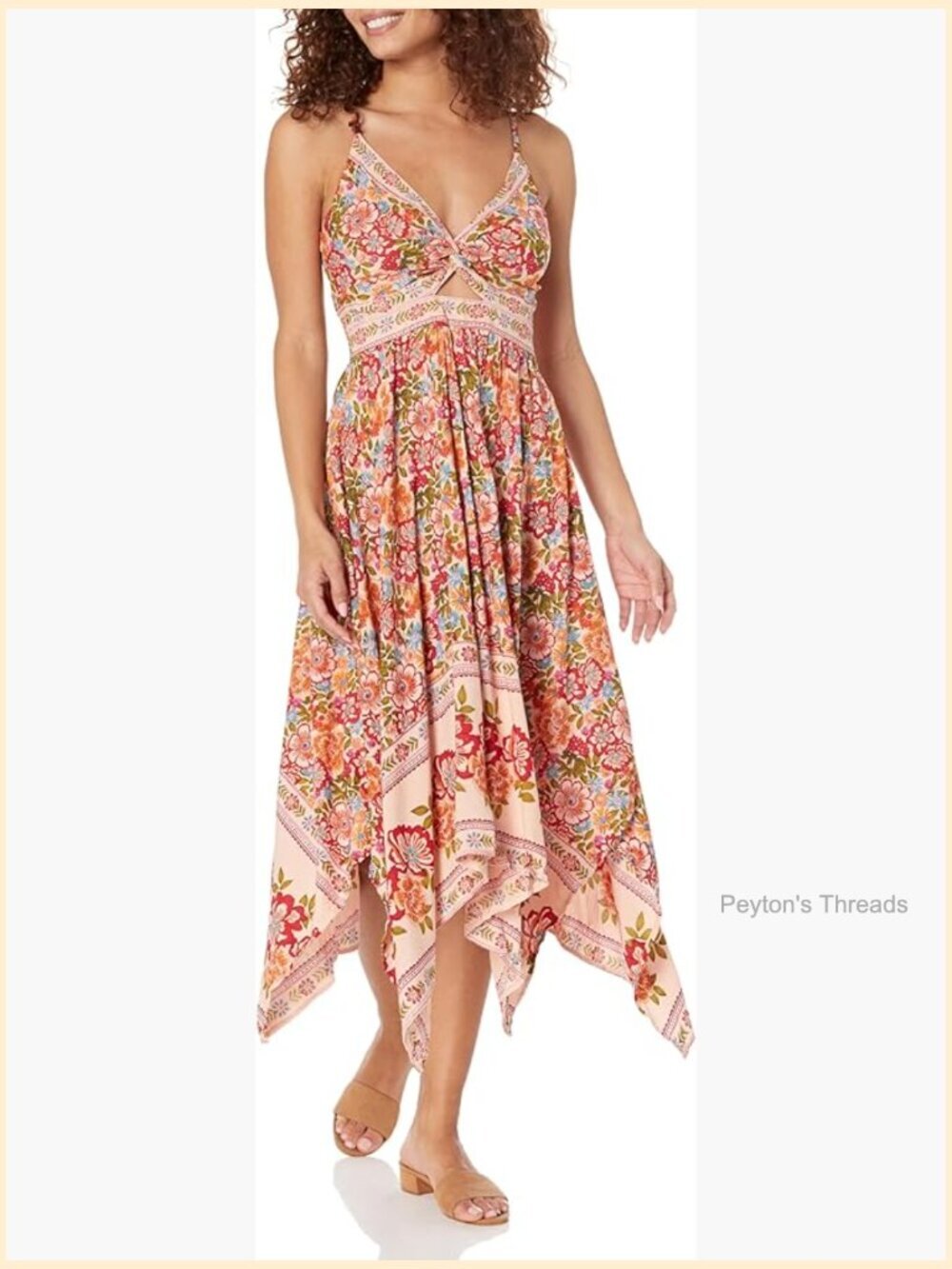 Spaghetti Strap Printed Triangle Cutout High-Low Midi Dress